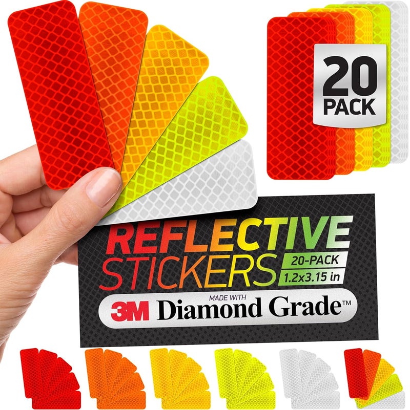 Byllstore Reflective Safety Tape Stickers | 3M Diamond Grade | Mixed Colors | 1.2″ x 3.15″ | 20-Pack | Safety Warning Tape for Helmets, Cars, Mailboxes & More - Image 1